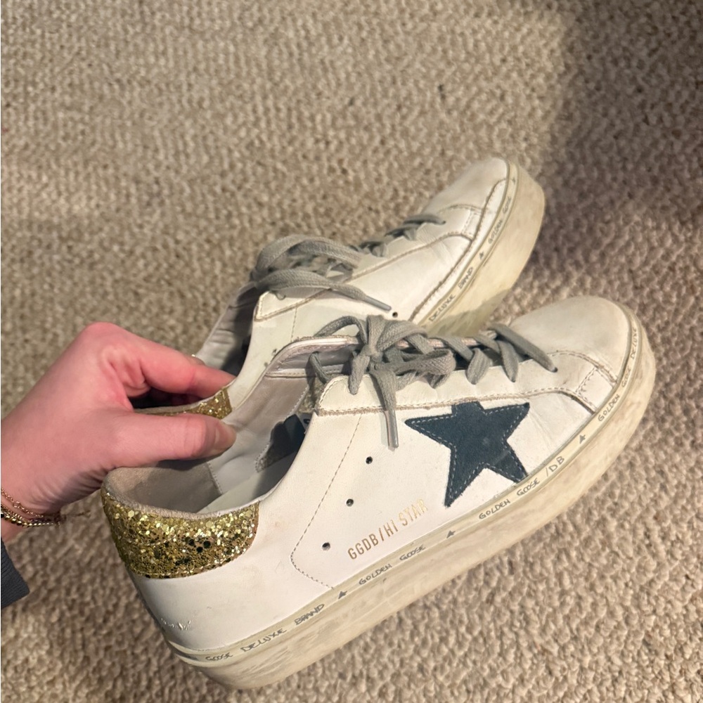 Golden Goose Hi Star Sneakers with Gold Heel and Navy Star